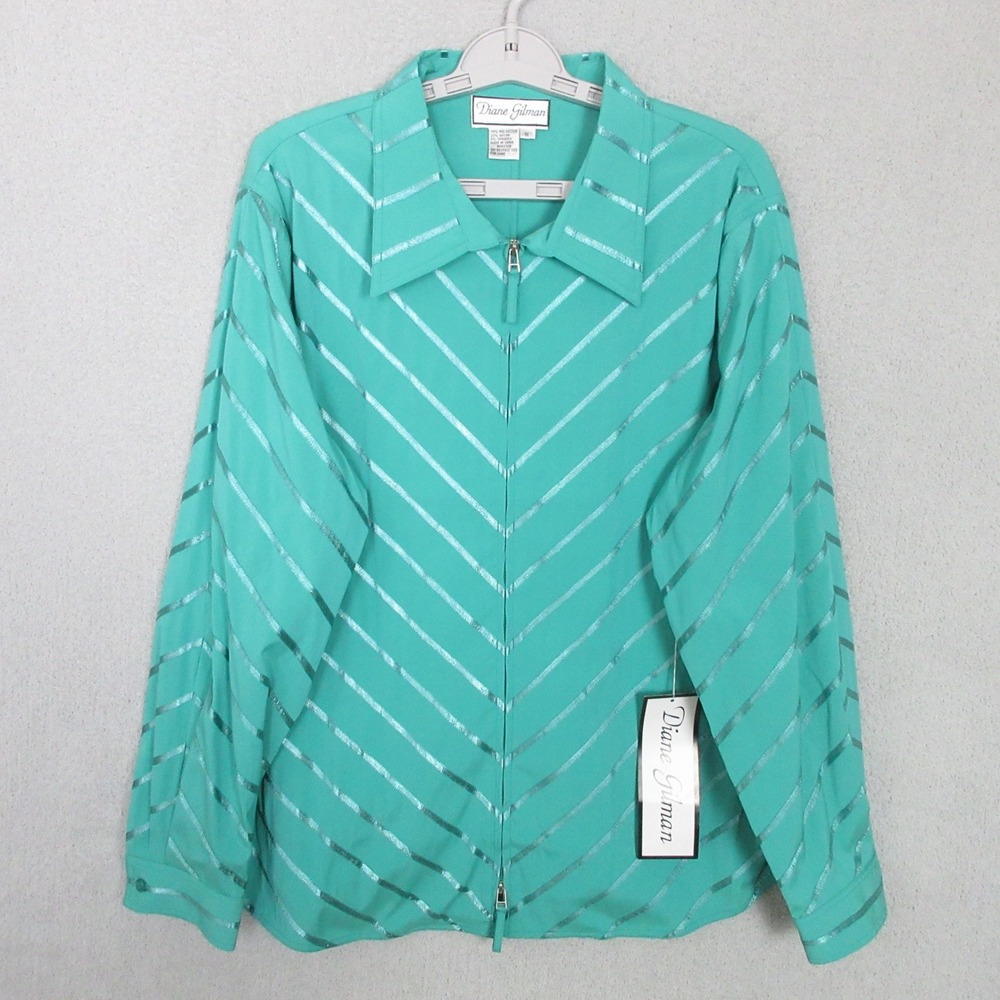 Diane Gilman Zip Front Shirt Womens 1X Teal Diagonal Satin Stripe Stretch Top